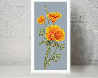 California poppy modern cross stitch pattern PDF - Instant download.