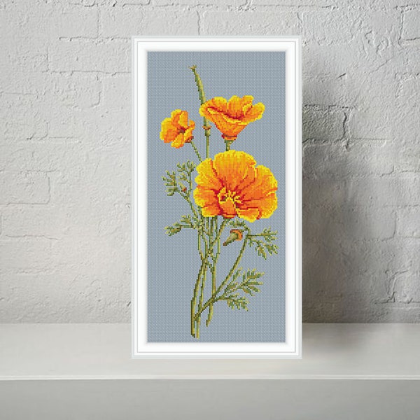 California poppy modern cross stitch pattern PDF - Instant download.