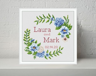 Schema per punto croce con motivo floreale blu per matrimonio: regalo fai da te personalizzato (schema in PDF)