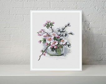 Spring flower bouquet modern cross stitch pattern PDF - Instant download.