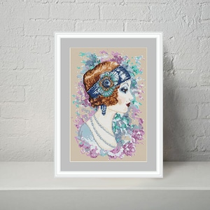 Vintage style girl modern cross stitch pattern PDF, Chicago style girl pattern - Instant download.