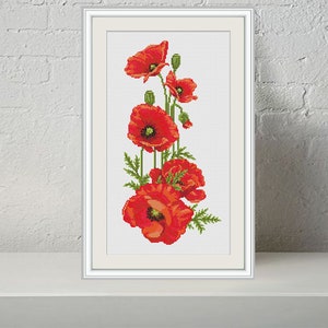 Poppies modern cross stitch pattern, Red Poppies PDF - Instant download.