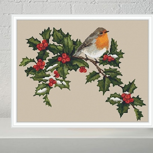 Robin on holly branch modern cross stitch pattern, PDF, Bird Chart,  Printable PDF - Instant download.
