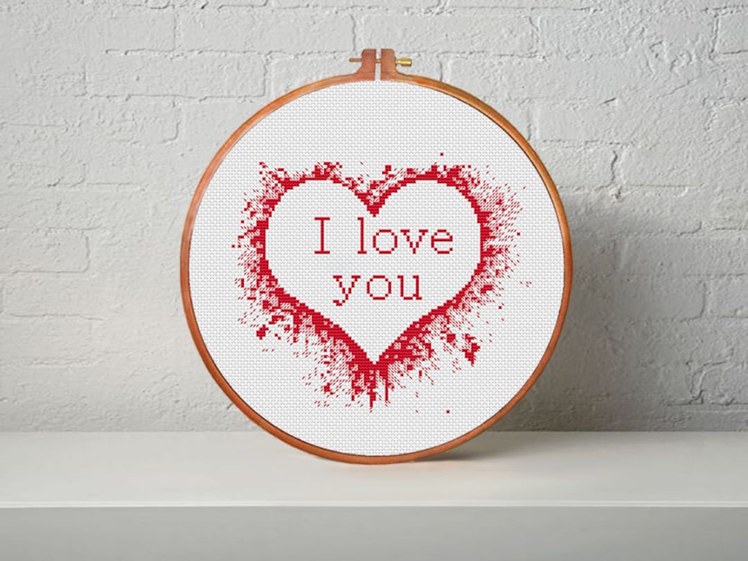 Heart I Love You Cross Stitch Pattern, Modern Embroidery (PDF