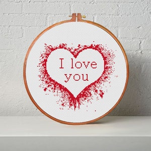 ハート「I love you」モダン クロスステッチ パターン PDF、ハートの刺繍デザイン、バレンタインデーのステッチ - 即時ダウンロード。