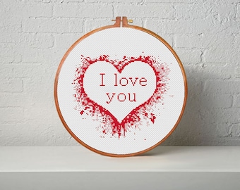 Heart I love you modern cross stitch pattern PDF, Heart Embroidery design, Valentines day stitch - Instant download.