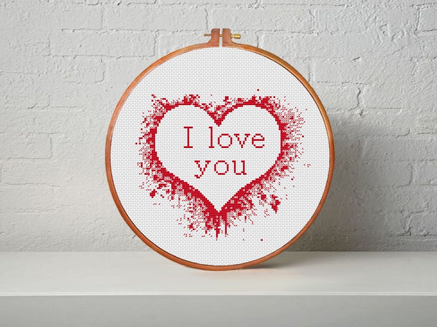 Heart I Love You Cross Stitch Pattern, Modern Embroidery (PDF