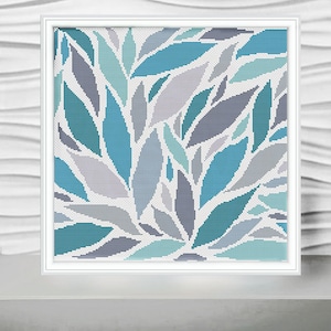 Blue and gray leaves  modern cross stitch pattern PDF - Instant download.