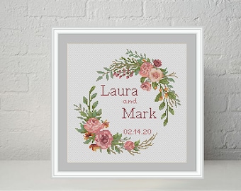 Personalized Wedding Cross Stitch Pattern: Floral Wreath (PDF Pattern)