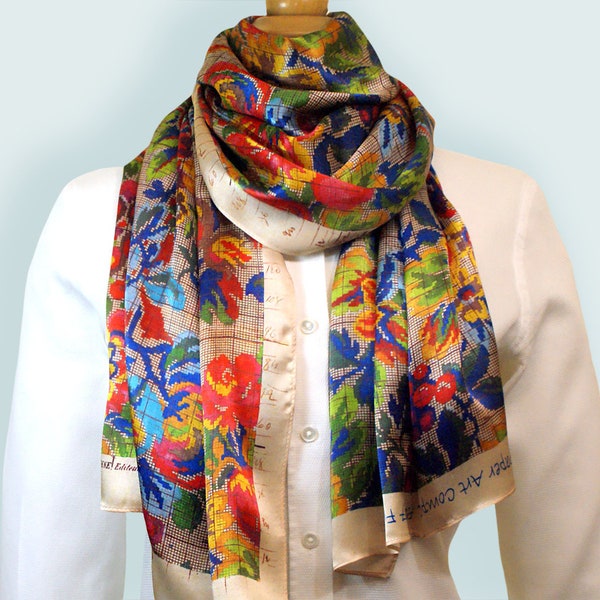 écharpe de soie vintage Multicolore des années 1900 Long Tissu Imprimé Décoratif Antique Motif Floral Neck Écharpe