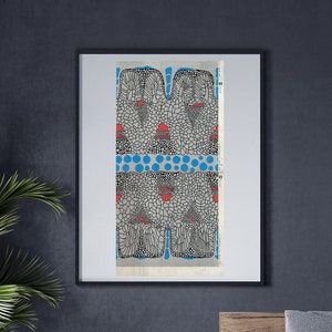 Quirky Boho Tapestry Art Print, Massive Contemporary Retro Art, Life Sized Colourful Art with History, Large Blue and Red Line Art image 1