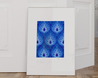 Blue Art Deco Print: 1970s Jacquard Fabric Design