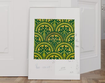 Green and Yellow Art Nouveau Art Print, Antique Fabric Painting Print, Bold Green Modern Tapestry, Maximalist Wall Art, Green Art Nouveau