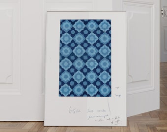 Blue Moroccan Tile Art Print: 1970s Geometric Textile Design