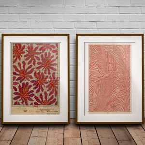 Set dettagliato di 2 stampe artistiche in rosso, duo di stampe artistiche in tessuto rosso vintage, stampe artistiche storiche su carta con motivi, grande arazzo rosso con natura