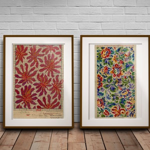 Colourful Floral Textile Art Duo, Woven Fabric Art Print Set of 2, Multicoloured Vintage Fabric Art, Floral Art Print Set Gift for Grandma