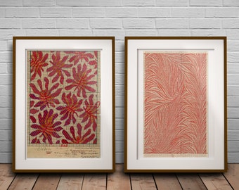Vintage Red Fabric Art Prints Set: Historical Textile Designs