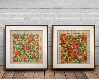Vintage Floral Art Prints: Orange Botanical Fabric Set of 2