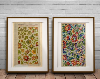 Vintage Floral Textile Art Print Duo: Jacquard Loom History
