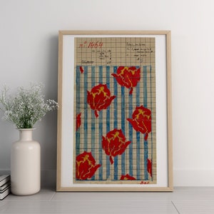 Arte murale in carta da parati vintage floreale blu e rosso, stampa artistica di tulipani rossi, arte murale sulla storia tessile, regalo d'arte significativo, regalo di sarta