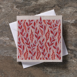 Carte de voeux florale rouge A5 textile antique point papier tissu tissé vintage, motif carte de voeux, histoire du tissu, carte tissée à tisser