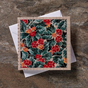 Cartão de cumprimentos floral laranja e vermelho, cartão de aniversário com padrão de tecido de papel antigo A5, cartão de cumprimentos estilo William Morris