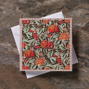Carte de voeux orange poires et fleurs, carte d'anniversaire A5 motif tissu papier antique point, carte de voeux de Style William Morris