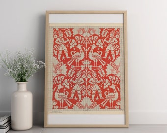 Red Hunting Scene Print: 1920s William Morris Style Textile Art