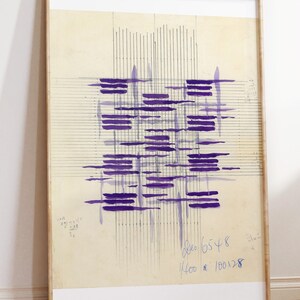 May include: Abstract art print featuring a grid pattern of purple lines on a beige background. The print is signed and dated in the bottom right corner.