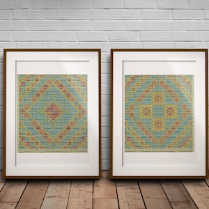 Set of 2 Light Blue and Green Textile History Art Prints, Geometric Vintage Point Paper Wall Art, Fabric History Technical Loom Drawings