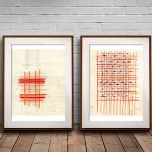Duo de impressão de arte abstrata vintage laranja, conjunto de impressões retrô desenhadas à mão, arte de pôster eclética para salas de estar, decoração histórica para casa em laranja