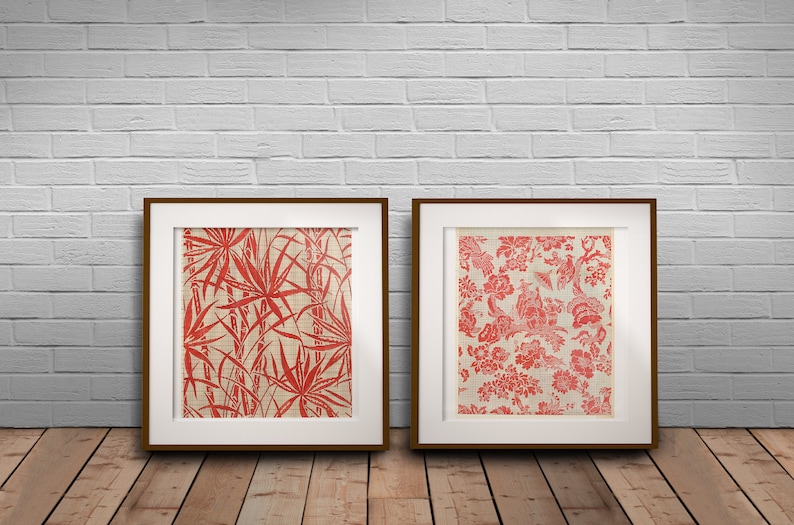 Red Point Paper Wall Art, Large Vintage Textile Art, Set of 2 Detailed