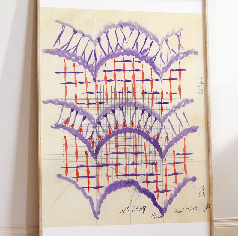May include: An abstract watercolour painting with purple and red lines and shapes. The painting is on a white background and has a grid pattern.