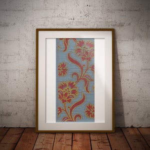 Blue and Red Detailed Vintage Fabric Art, Gift for Grandmother Vintage Home Decor, Woven Damask Tapestry Wall Art, English Fabric Design