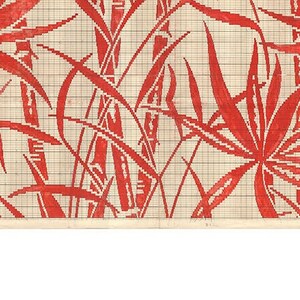 May include: A red and white pattern of stylized bamboo leaves and stalks on a gridded background. The pattern is drawn in red ink on a white paper.