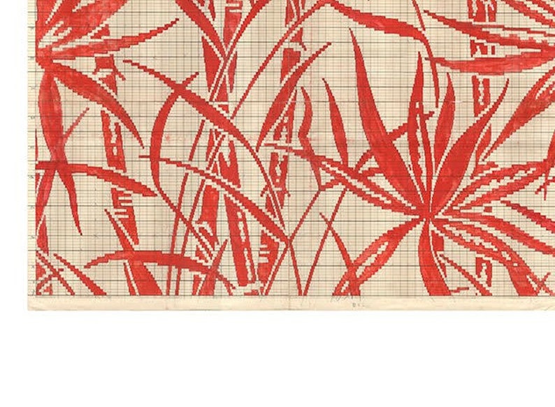 May include: A red and white pattern of stylized bamboo leaves and stalks on a gridded background. The pattern is drawn in red ink on a white paper.