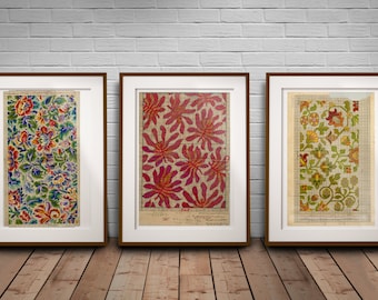 Colourful Floral Tapestry Art Set, Textile History Large Art Print Set, Mothers Gift Artwork, William Morris Style Textile Art, VintageDecor