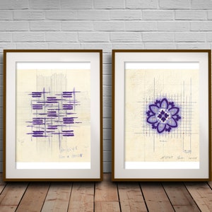 Mid-Century Geometric Purple Wall Art Duo: Jacquard Textile Prints
