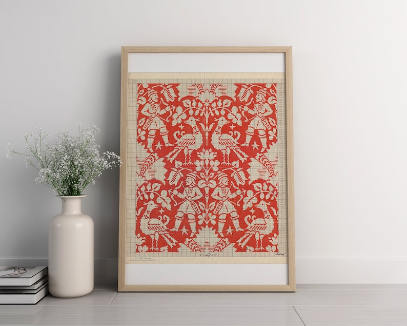 Bold Red Vintage Wall Art, 1920's Large Print Point Paper for Textile and Fabric Lovers Gift, William Morris Style Eclectic Art Print image 1