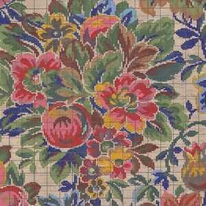 May include: A vintage floral pattern with a grid overlay. The pattern features pink, red, yellow, blue, and green flowers on a white background.