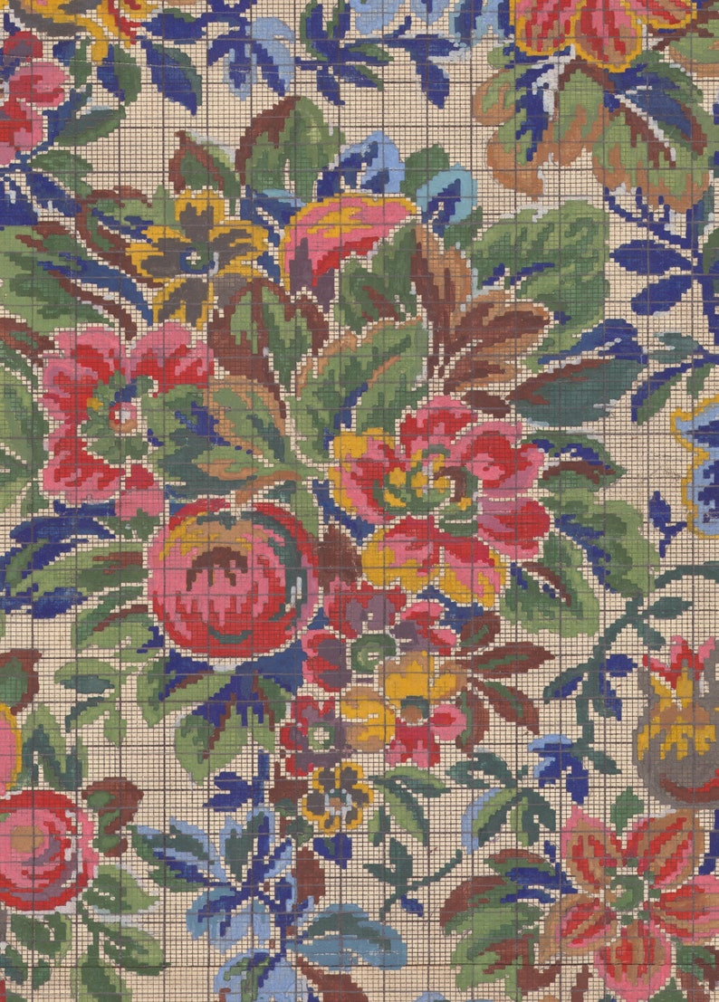 May include: A vintage floral pattern with a grid overlay. The pattern features pink, red, yellow, blue, and green flowers on a white background.