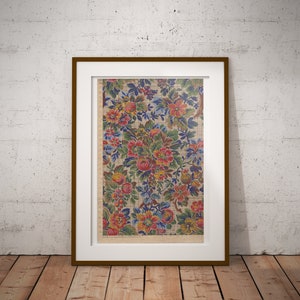 May include: A framed print of a vintage floral pattern with a grid overlay. The pattern features a variety of flowers in shades of pink, red, yellow, blue, and green.