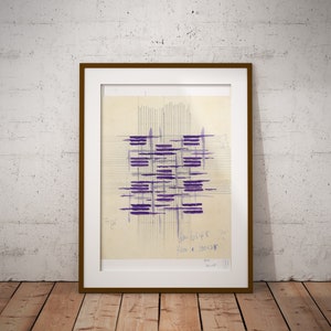 May include: A framed abstract art print with purple lines and a grid pattern on a beige background. The print has handwritten text in blue ink that reads "Scale 65x8 460 x 1001/8"