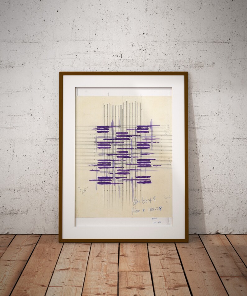 May include: A framed abstract art print with purple lines and a grid pattern on a beige background. The print has handwritten text in blue ink that reads "Scale 65x8 460 x 1001/8"