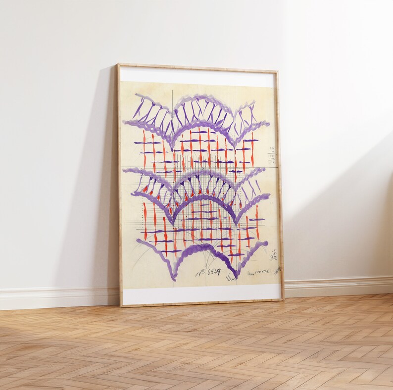 May include: A framed abstract art print with a geometric design in shades of purple and orange. The design features a series of overlapping arches and a grid pattern.