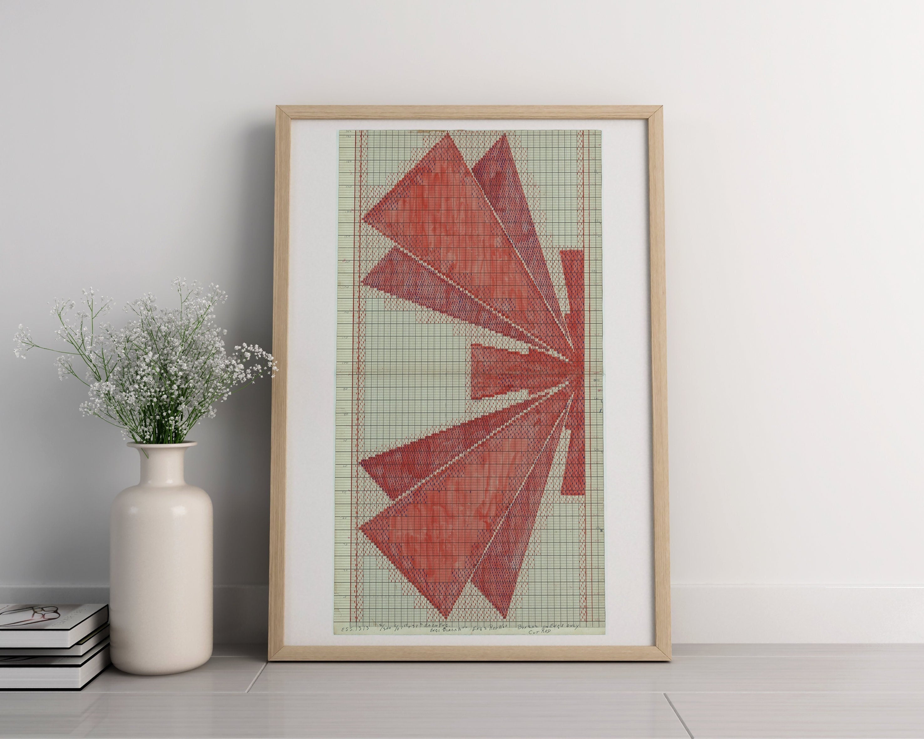 Mid Century Red Geometric Landscape Art Print, 1940s Fabric History