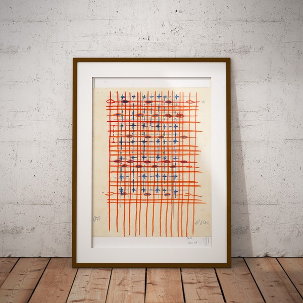 Mid-Century Textile Art Print: Orange & Blue Geometric Design