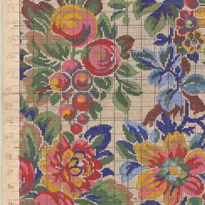 May include: A vintage cross-stitch pattern featuring a floral design with pink, red, yellow, blue, and green flowers. The pattern is on a grid with numbers along the side for reference.