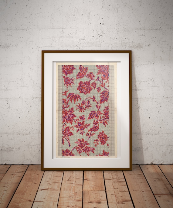 Red Botanical Vintage Fabric Wall Art Floral Point Paper Art Print 1920s Detailed Historical Drawing Weaving Art Red Flowers Painting Etsy