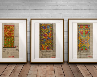 Set of 3 Textile History Wall Art, Colourful Tapestry Poster, Large Woven Art Set, Mid Century Modern Decor, Woven Textile History Art